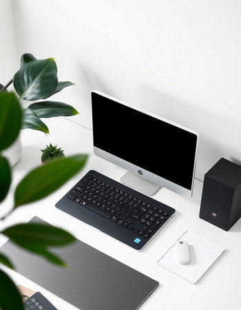 Modern workspace with computer, keyboard, mouse, notebook and plant.