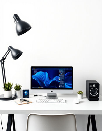Modern designer desktop with computer and accessories. 3d rendering mock up