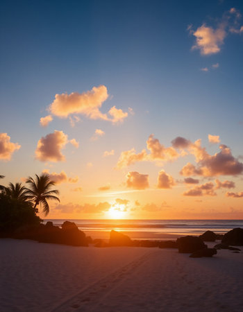 Beautiful sunset on a tropical beach at Seychelles.の写真素材