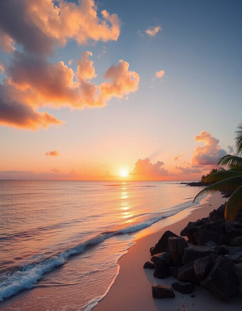 Beautiful sunset on the tropical beach. Nature background. Toned.の写真素材