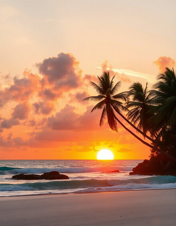 Beautiful sunset on the beach with palm trees at Seychellesの写真素材
