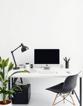 Interior of modern home office with white walls, concrete floor, computer screen, black chair, coffee table and plant. 3d renderの写真素材