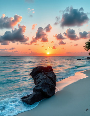 Tropical sunset on the beach with rocks and palm trees.