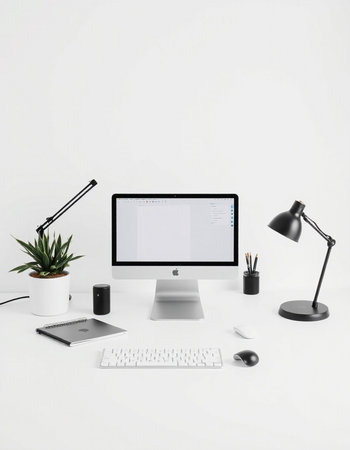 workplace with computer, lamp, keyboard and mouse on white background