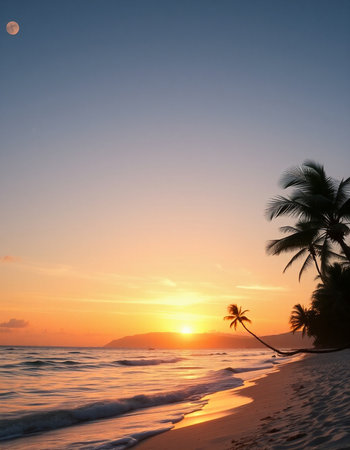 Beautiful tropical beach with coconut palm tree at sunset or sunrise timeの写真素材