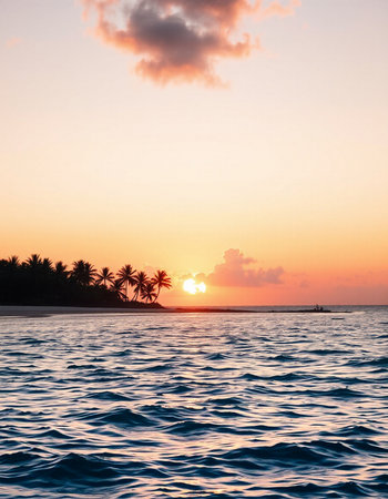 Tropical beach at sunset with palm trees and sunbeams