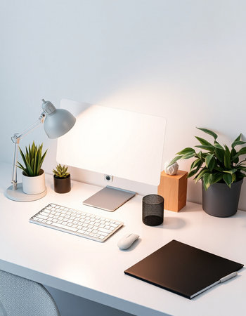 Minimalistic workspace with blank screen computer, keyboard, lamp, coffee cup and other items. Mock...