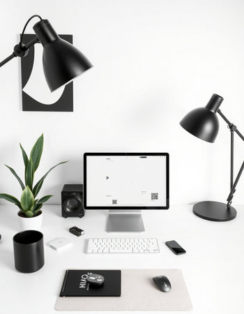 Modern workspace with computer, stationery and accessories. 3d render.の写真素材
