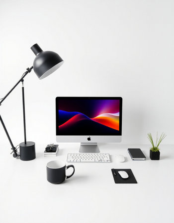 Workplace with computer, mouse, coffee cup and lamp on white background