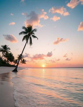 Palm trees on a tropical beach at sunsetの写真素材