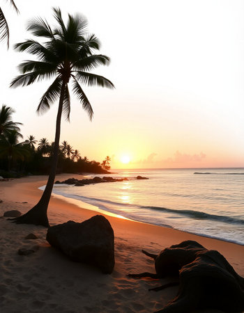 Tropical beach with palm trees at sunset.