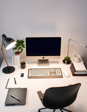Workplace with computer, laptop, coffee cup and other items. 3D Renderingの写真素材