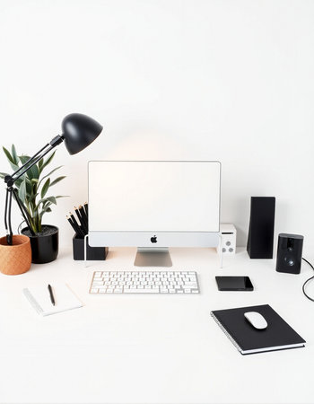 Minimalistic workspace with computer, keyboard, mouse, notebook, stationery, coffee cup and other items. Mock up, 3D Renderingの写真素材