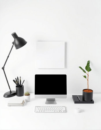 Minimal workspace with computer, stationery and plant on white background. 3d render