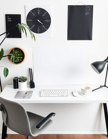 Workplace with computer, coffee cup, stationery and plant in officeの写真素材