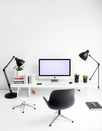 Modern workplace with computer, lamp and stationery on white wall background