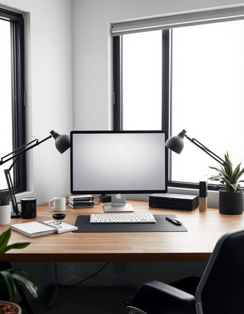 Interior of modern office with white walls, wooden floor, computer monitor with blank white screen...