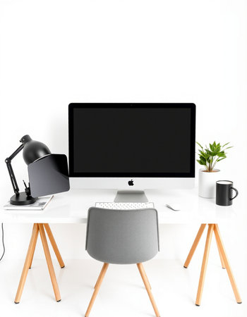 workplace with computer, lamp, chair and plant isolated on white