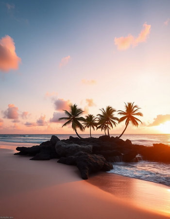 Tropical beach with palm trees at sunsetの写真素材