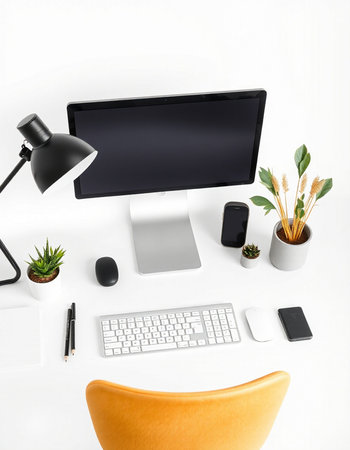 Modern office desk with computer, supplies and accessories. Workplace conceptの写真素材