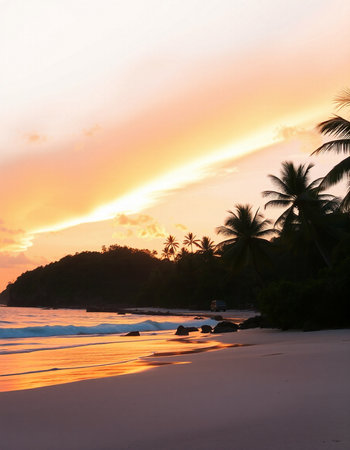 Beautiful sunset on the beach with coconut palm trees at Seychellesの写真素材