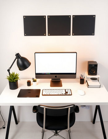 Workplace with computer, lamp and stationery on table in office