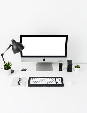 Modern workspace with computer, keyboard, mouse and coffee cup on white background