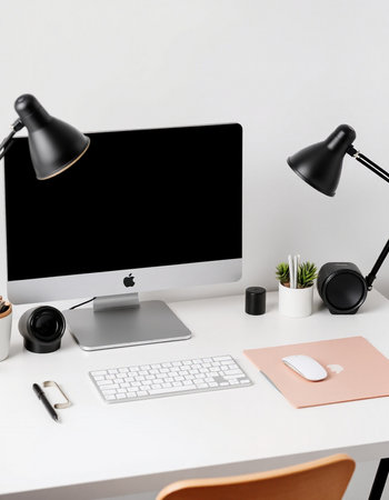 workplace with computer, stationery and coffee cup, isolated on whiteの写真素材