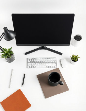 Modern workspace with computer, coffee cup, stationery and notebook on white background. Flat lay,...