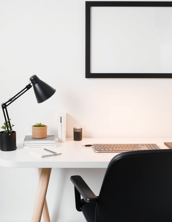 Interior of modern office with white walls, concrete floor, white computer table and black chair. Mock up poster frameの写真素材