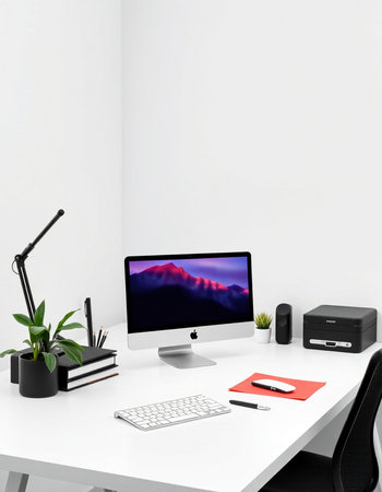 Modern workspace with computer, keyboard, mouse and other items. 3d render