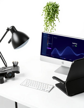 3D illustration PC screen on table in office