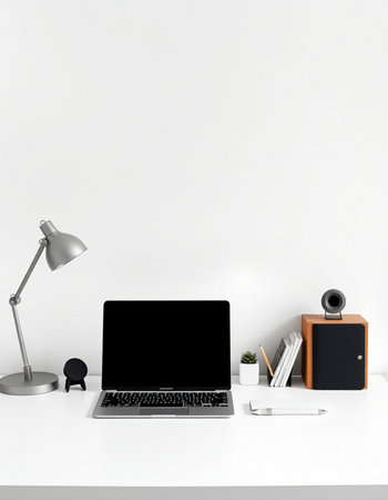 Laptop with blank screen on white office desk. 3d render