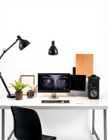 workplace with computer, lamp, camera and other objects on tableの写真素材