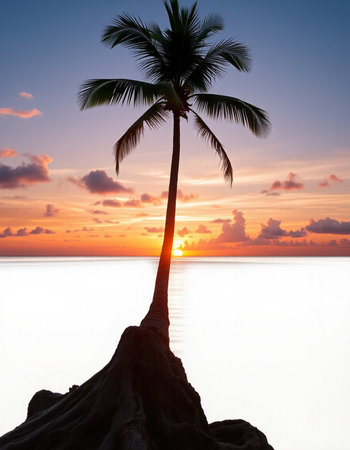 Silhouette of palm tree on the beach at beautiful sunset.の写真素材