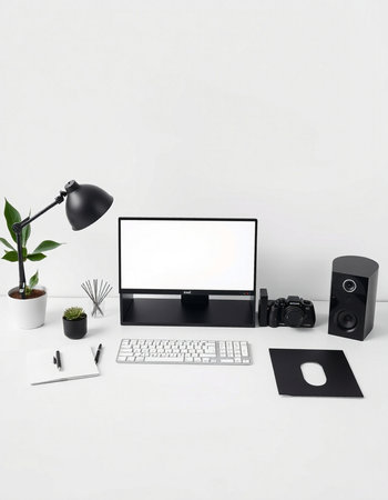 Modern workspace with computer, keyboard, mouse, mouse and plant. 3d renderの写真素材