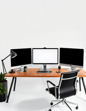 Modern workspace with computer and accessories. Workplace concept. 3D Rendering