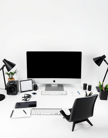 Workplace with computer, stationery and accessories on white wall backgroundの写真素材