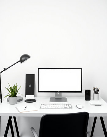 Modern workspace with computer, supplies and copy space on white wall background