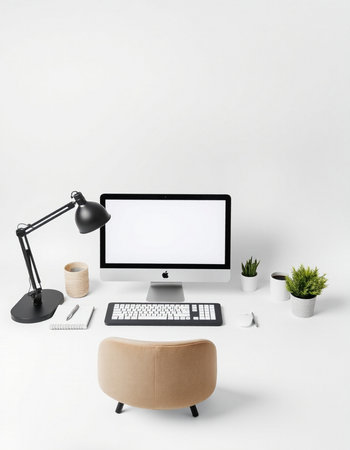 Modern workspace with blank computer screen, keyboard, coffee cup and other items. 3D Rendering