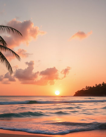Beautiful tropical beach and sea with coconut palm tree at sunset time - Holiday Vacation conceptの写真素材