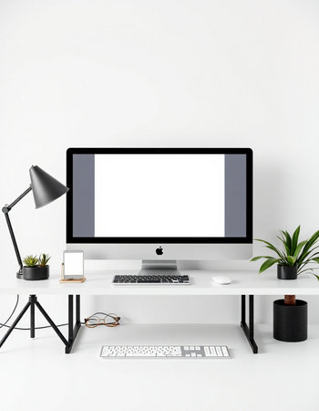 Modern workspace with blank screen computer, keyboard, mouse, lamp, coffee cup and other items. Mock up, 3D Renderingの写真素材