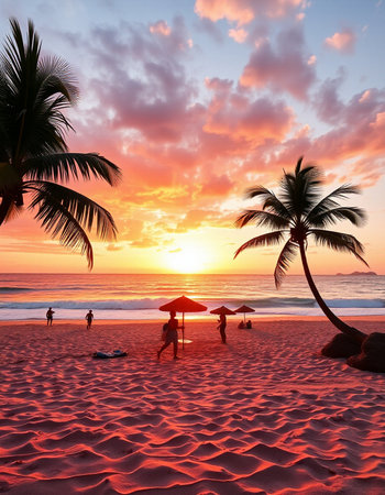 Tropical beach at sunset with palm trees and sun umbrellas