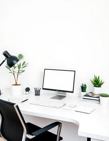 Minimalistic workspace with blank screen computer, supplies and decorations. Mock up, 3D Renderingの写真素材