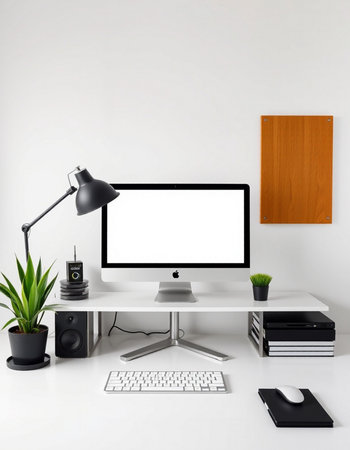 Modern workspace with computer and stationery. 3D Rendering.