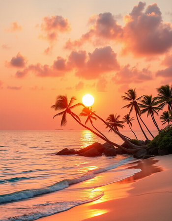 Tropical beach with palm trees at beautiful sunset in Sri Lanka