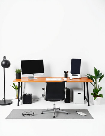 Workplace with computer, lamp and other equipment on white wall backgroundの写真素材