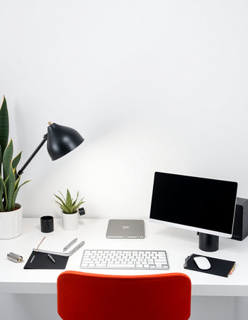 workplace with computer, lamp and stationery, 3d render