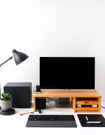 Computer on white table with black screen and black desk lamp. 3d rendering