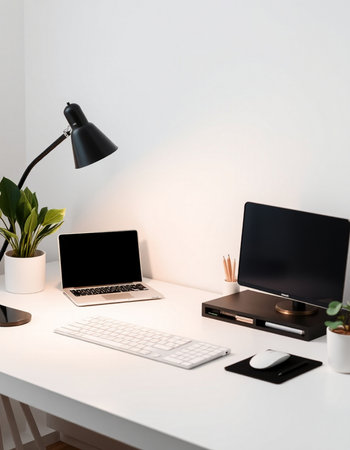 Modern workspace with blank screen laptop, coffee cup and other items. Mock upの写真素材